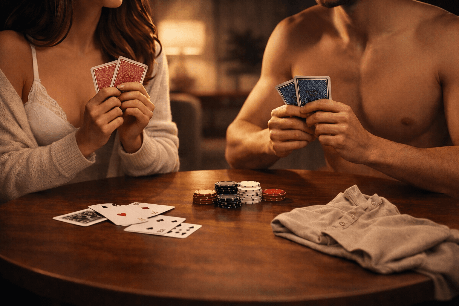 Jeu intime couple jouant au strip poker à la maison