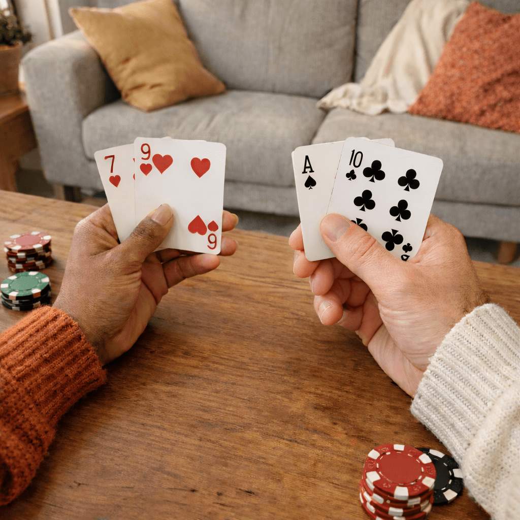 Mains, cartes et jetons de poker a la maison