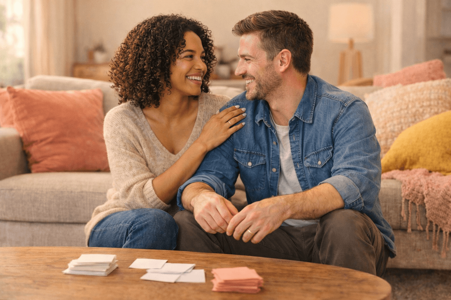 Couple setting up a snakes and ladders date night
