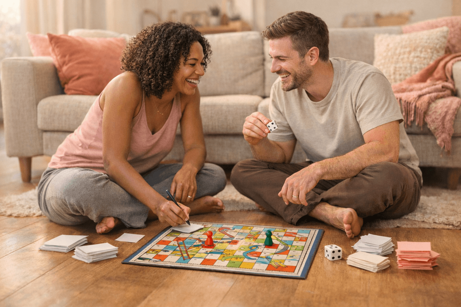 Couple playing snakes and ladders together